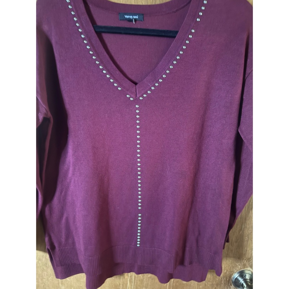 Verve Ami Womens Burgundy Studded V-Neck Sweater Size Small Wine Red Pullover